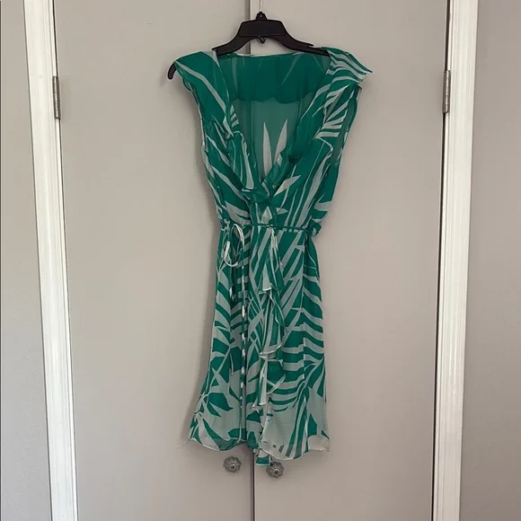Milly Green Resort Wrap Dress with Ruched Flutter Sleeves